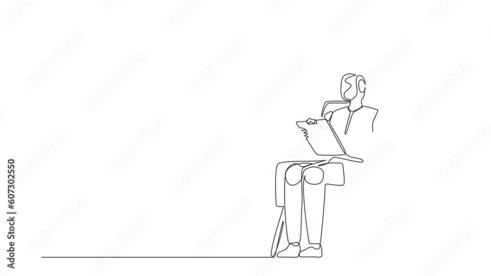 Poster animated self drawing of continuous line draw robots sitting writing on clipboard. modern robotics a