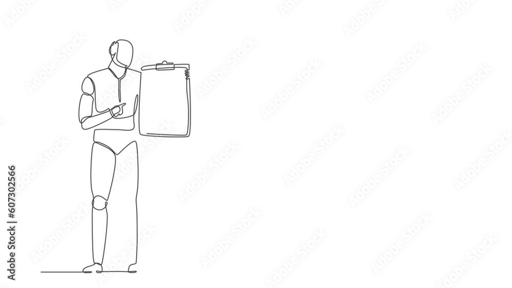Poster animated self drawing of continuous line draw robots standing and pointing clipboard. modern robotic