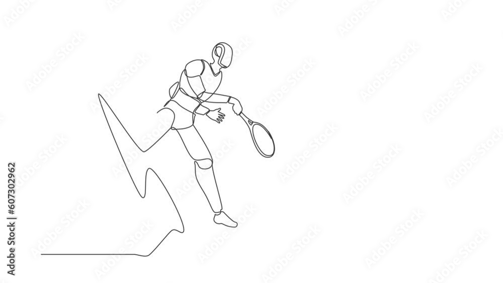 Poster animated self drawing of continuous line draw robot come out from cellular phone doing jump smash wi