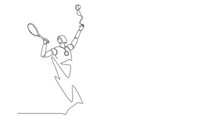 Self drawing animation of single line draw robot come out from cellular phone, serve tennis ball with racket. Future technology. Artificial intelligence machine. Continuous line. Full length animated - Powered by Adobe
