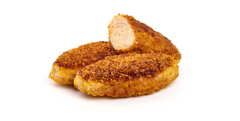 Fried cutlets in bread crumbs, isolated on the white background.