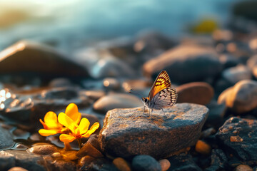 Butterfly on a stone in the water. Colorful sunset Generative AI