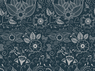 Hand drawn textured mehndi flowers and hearts. Seamless pattern in indian style.
