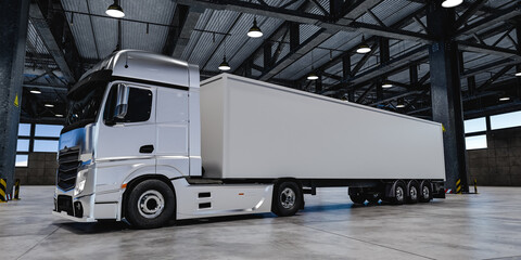 Modern truck with white trailer in warehouse