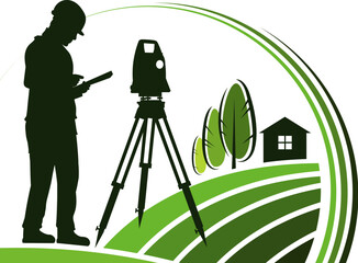 Surveyor engineer stands at a geodetic device on a green field - obrazy, fototapety, plakaty