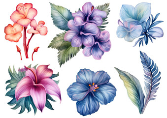 Watercolor hibiscus flowers set. Hand-painted vector illustration Generative AI