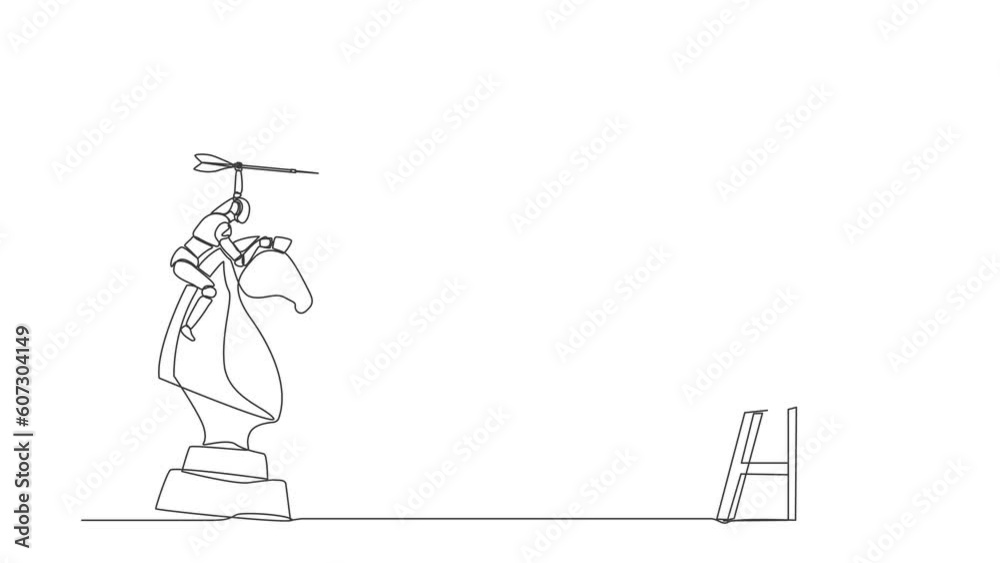 Poster animated self drawing of continuous line draw robots holding dart arrow while riding chess knight pi