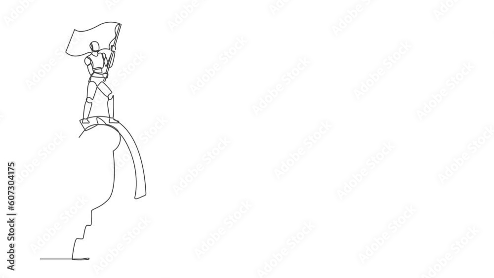 Poster animated self drawing of continuous one line draw robots riding big chess horse knight holding flag.