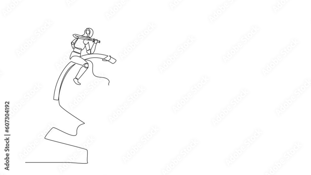 Poster animated self drawing of continuous line draw robots riding big chess horse knight with sword. moder