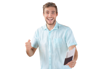 Young man isolated on a transparent background holding passport pointing