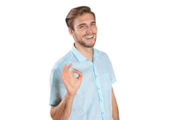Young man showing ok isolated on a transparent background