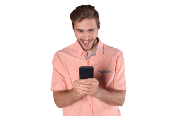 Shocked young man standing using mobile phone on a transparent background