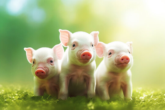 Three piglets standing on the grass, generative ai
