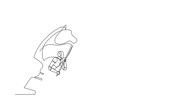 Animated self drawing of continuous line draw robots running holding flag beside horse knight chess. Humanoid robot cybernetic organism. Future robotics development. Full length single line animation
