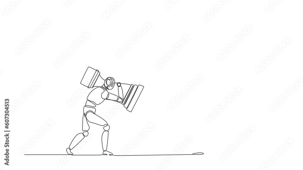 Poster self drawing animation of single line draw robot holding rook chess piece to beat king chess. future