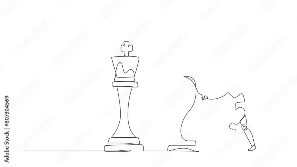 Poster animated self drawing of continuous one line draw robots push knight horse chess piece to take down 