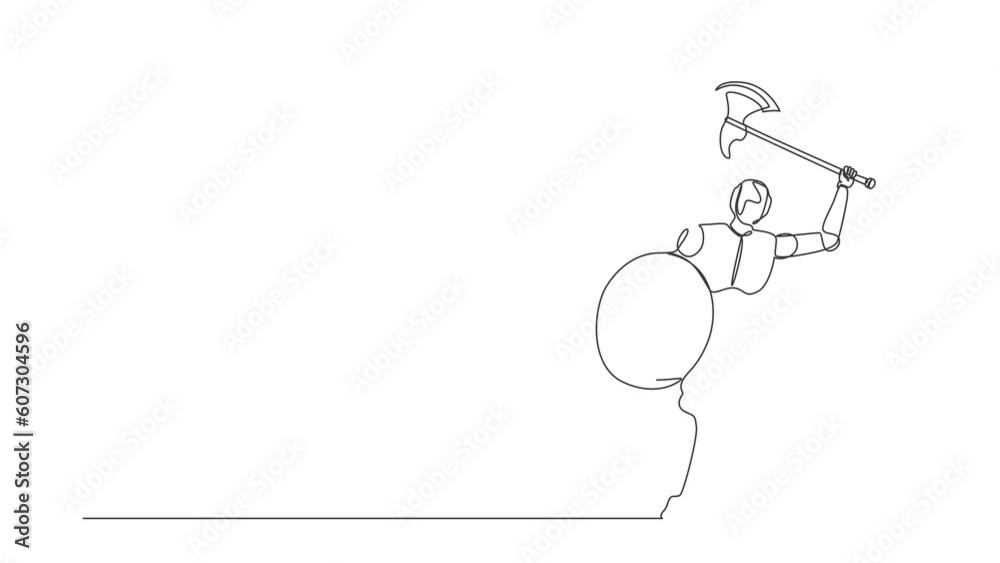 Poster animated self drawing of continuous line draw robot with axe and shield furiously attacks. modern ro