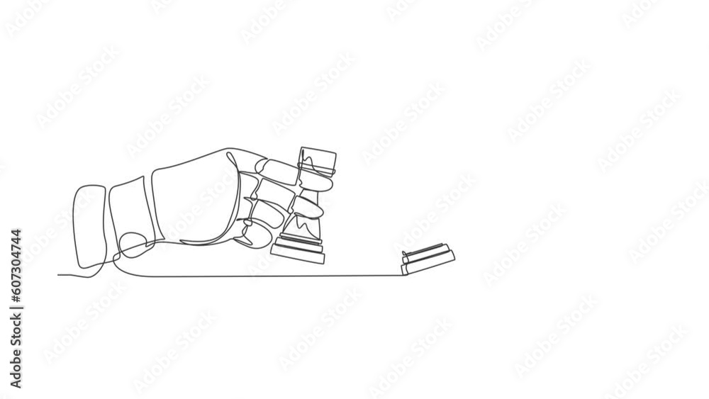 Poster self drawing animation of single one line draw robot hands holding rook chess piece the other hand t