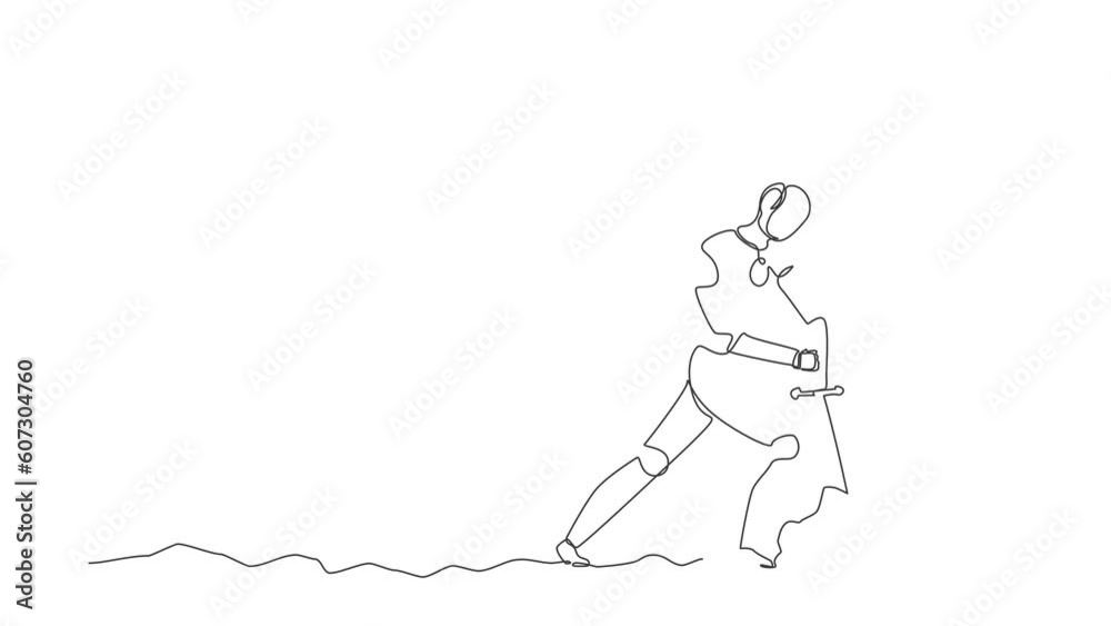 Poster self drawing animation of single one line draw robot tries to draw stuck excalibur sword from stone.