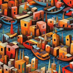 Boats in the sea seamless repeat pattern - fantasy colorful cubism, abstract art, trippy psychedelic [Generative AI]
