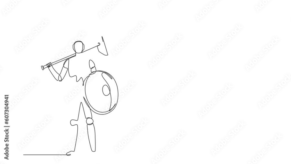 Poster animated self drawing of continuous line draw robot standing holding hammer shield. modern robotics 