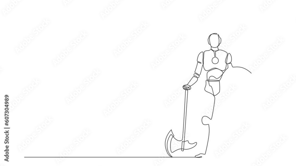 Poster animated self drawing of continuous one line draw robots stands holding big axe and shield. humanoid
