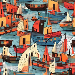 Boats in the sea seamless repeat pattern - fantasy colorful cubism, abstract art, trippy psychedelic [Generative AI]
