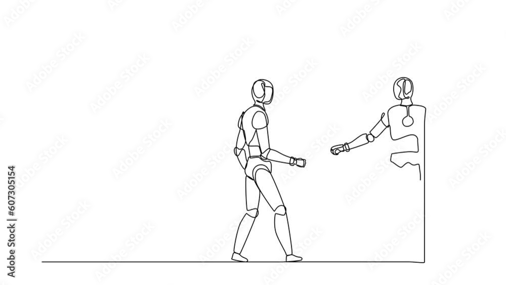 Poster self drawing animation of single line draw robot is inviting his friend to get into his office. futu