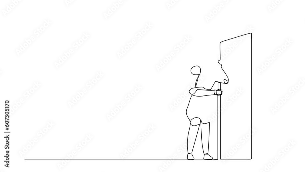 Poster animated self drawing of continuous line draw robot eavesdropping and listening to conversation at d
