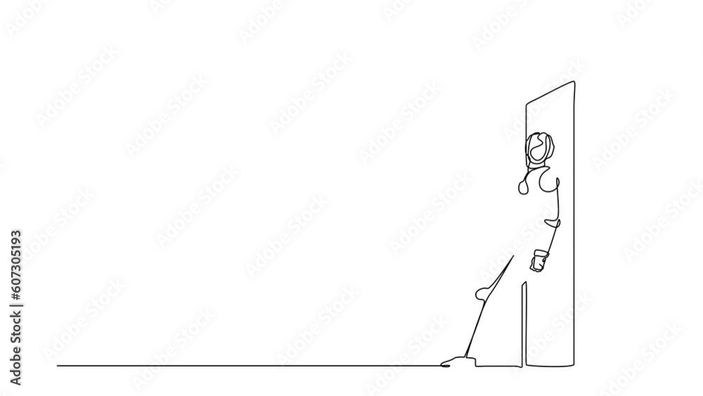 Poster animated self drawing of continuous line draw robots standing and pushing door with her back. humano