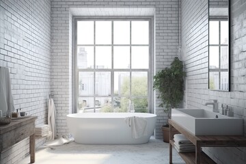 Obraz na płótnie Canvas Bathroom interior design with white brick walls, tiled floor, comfortable white bathtub and large window
