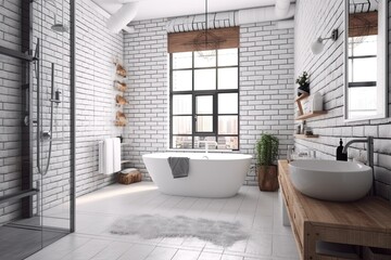 Naklejka na ściany i meble Bathroom interior design with white brick walls, tiled floor, comfortable white bathtub and large window
