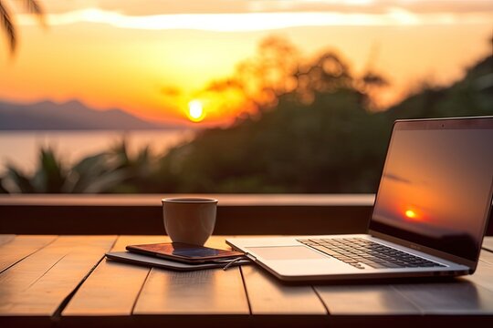 Laptop, Coffee, and the Sunset. Perfect Online Workstation on a Wooden Table. Work online concept.