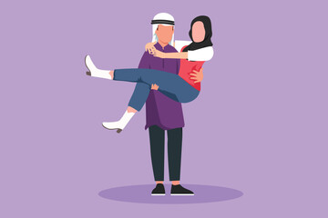 Cartoon flat style drawing romantic Arab female in love kissing on lap male. Happy man carrying beauty woman celebrate wedding anniversary. Lovely romantic couple. Graphic design vector illustration