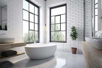Fototapeta na wymiar Bathroom interior design with white brick walls, tiled floor, comfortable white bathtub and large window