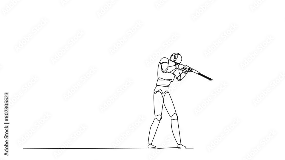 Poster self drawing animation of single line draw robot pointing shotgun at doorknob. future technology dev
