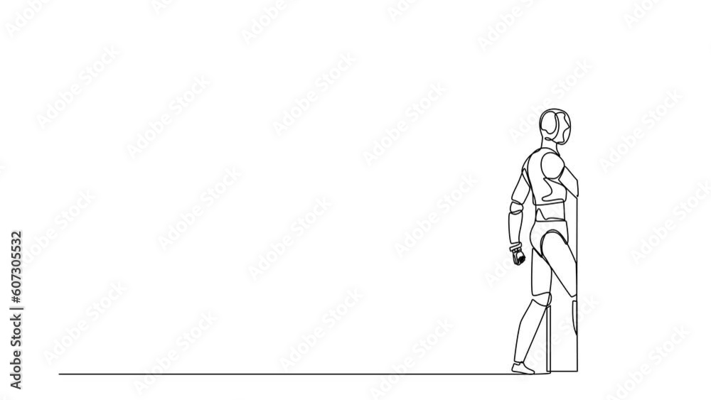 Poster animated self drawing of continuous line draw robots walking enters the room through the door. moder