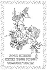 Coloring Page on Butterfly, Beautiful Butterfly with Daily Quotes, Anti-stress Coloring Book Page.