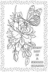 Coloring Page on Butterfly, Beautiful Butterfly with Daily Quotes, Anti-stress Coloring Book Page.