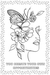 Coloring Page on Butterfly, Beautiful Butterfly with Daily Quotes, Anti-stress Coloring Book Page.