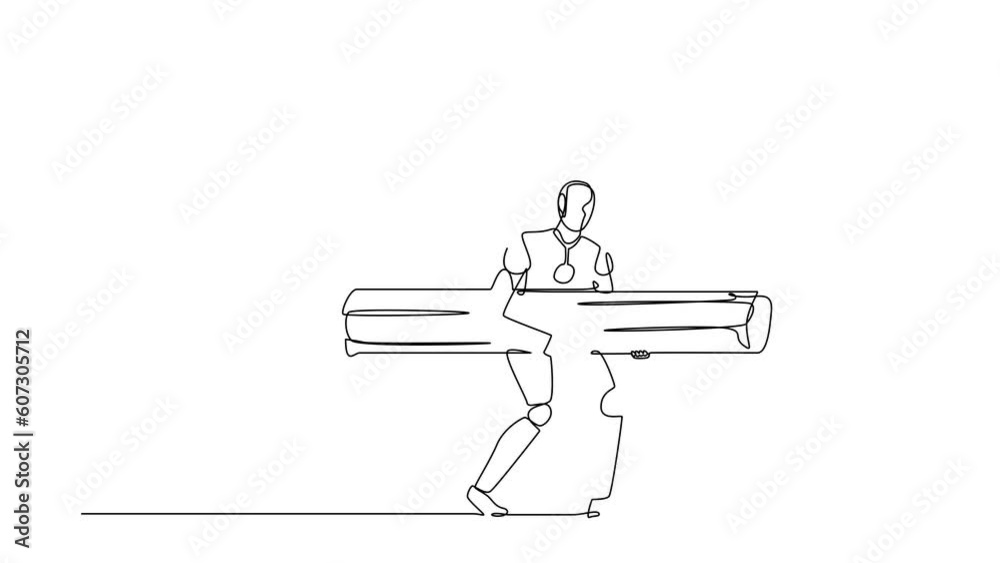Poster self drawing animation of single line draw robot holding large log to destroying door. future techno