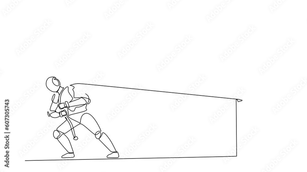 Poster animated self drawing of continuous line draw robots pulling heavy door with rope. modern robotics a