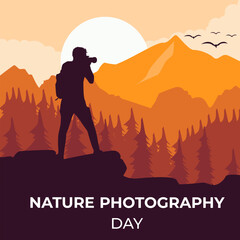 World photography day background, Photographer with camera, autumn mountains landscape with tree silhouettes, nature illustration