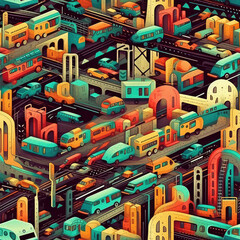Busy futuristic city transportations cars and interchanges seamless repeat pattern - fantasy colorful cubism, abstract art, trippy psychedelic [Generative AI]
