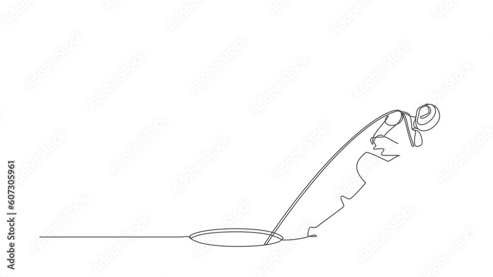 Poster self drawing animation of single line draw robot trying hard pulling rope to drag something from hol