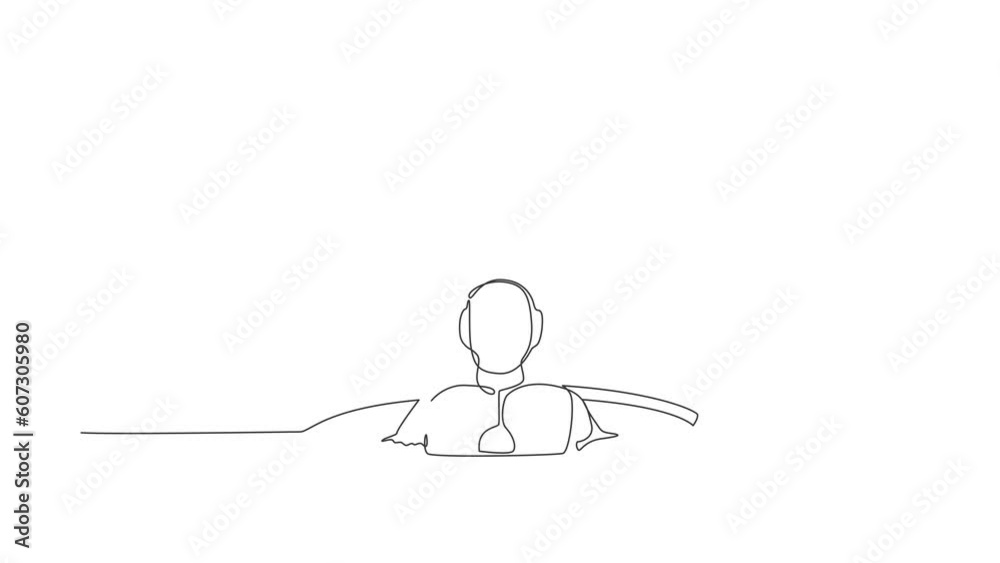 Poster animated self drawing of continuous one line draw robot flying with briefcase coming out of holes. h