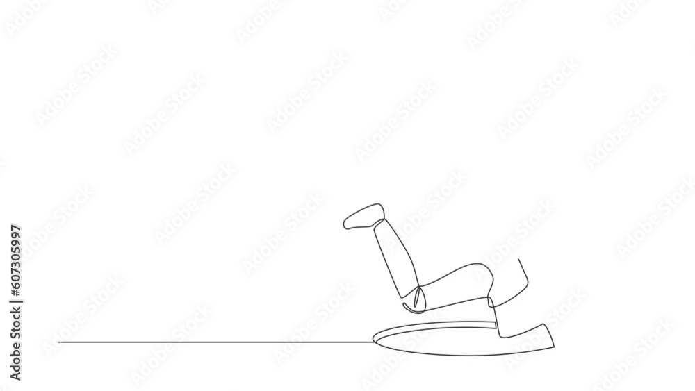 Poster self drawing animation of single one line draw robot falling into pit hole. protruding legs from hat