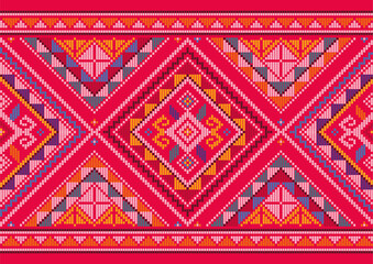 Yakan cloth inspired vector seamless pattern, long horizontal folk art textile or fabric print design from Philippines with various colors and geometric shapes
