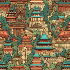 Obraz premium Ancient China seamless repeat pattern - fantasy colorful cubism, abstract art, trippy psychedelic [Generative AI] 