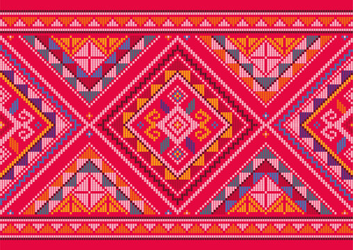 Yakan cloth inspired vector seamless pattern, long horizontal folk art textile or fabric print design from Philippines with various colors and geometric shapes
